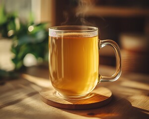 A clear glass mug filled with warm herbal tea rests on a wooden table, surrounded by soft sunlight and greenery, inviting a moment of relaxation and refreshment