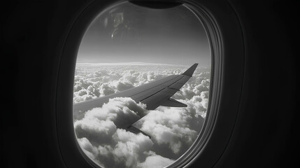Fototapeta premium View from an airplane window showcasing a cloudy sky and wing at high altitude during daylight travel