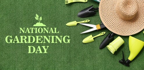 Gardening supplies on green grass. Banner for National Gardening Day