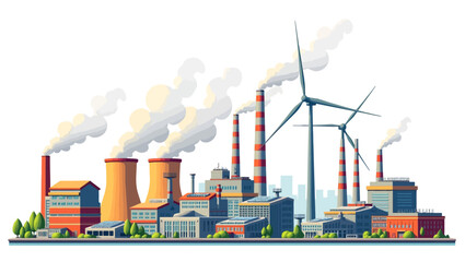 Vector illustration of a modern industrial complex with factories, smokestacks, and wind turbines. Perfect for topics related to industry, sustainability, and energy production.