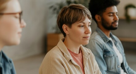 Fototapeta premium Diverse group meditation session with young adults focused on mindfulness