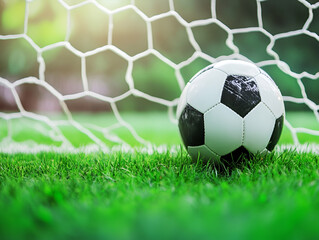 Soccer football in Goal net with green grass field.
