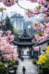 Beautiful cherry blossom flower and vintage building in Spring.