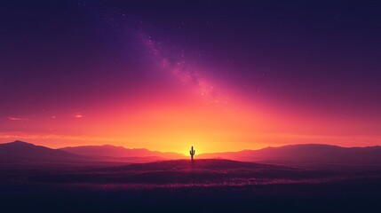 Fototapeta premium Vibrant sunset over a desert landscape with a solitary cactus silhouetted against the glowing sky
