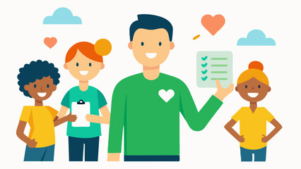 Volunteer Program Development The consultant guiding employees in creating a community volunteer program with elements like checklists community landmarks and smiling volunteers