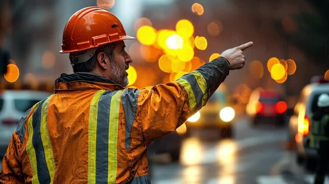 Construction Worker Directing Traffic in City at Night