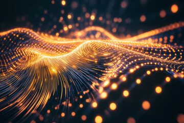 A mesmerizing 3D abstract background featuring a swirling vortex of iridescent, glowing lines forming an intricate fractal pattern. The luminous strands pulse with a cybernetic glow, creating a