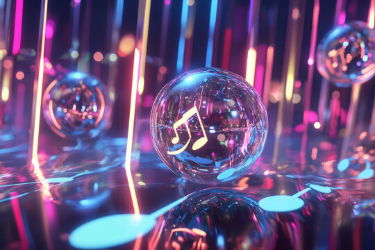 A surreal 3D music background with floating transparent spheres containing holographic musical notes and dynamic sound waves. The futuristic scene is illuminated by radiant neon lights, while the