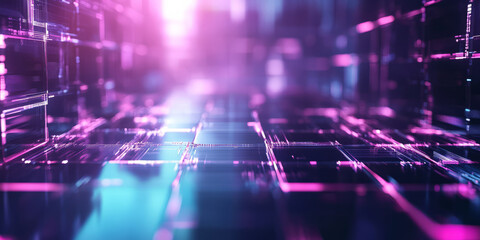 Fototapeta premium A mesmerizing 3D abstract background with shifting holographic textures, glowing geometric grids, and soft neon lighting. The smooth reflections enhance the futuristic cyberpunk aesthetic.