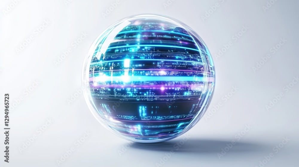 Poster futuristic designed sphere with glossy surface and abstract patterns on a studio background