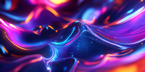 Obraz premium A surreal 3D abstract background with luminous, holographic energy waves flowing through a futuristic cybernetic space. The fluid motion and neon glows add depth and movement.