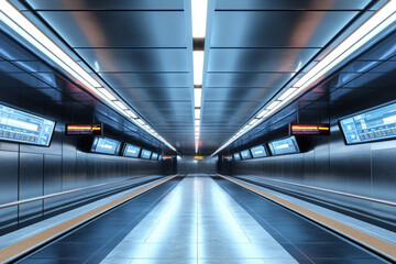 Fototapeta premium A sleek underground subway station 3D background room with futuristic train tracks, bright LED information panels, and a smooth metallic ceiling reflecting the neon lighting. The modern, clean