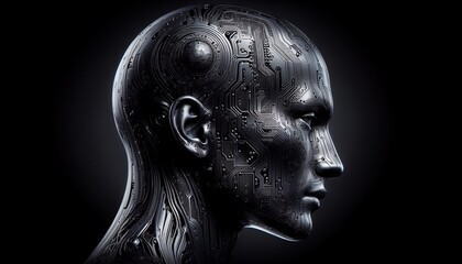 Futuristic cybernetic human head with intricate metallic circuitry, symbolizing advanced artificial intelligence and technology integration.
