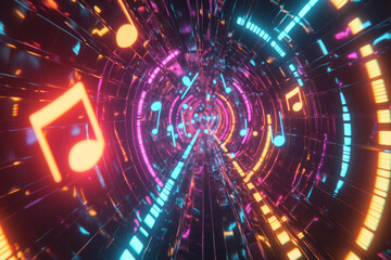 A mesmerizing 3D music background showcasing an infinite tunnel of glowing sound bars and floating treble clefs. The synchronized neon pulses create a stunning abstract display of digital rhythm,