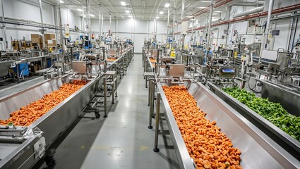 Cutting edge fruit and vegetable processing plant with automated carrots cutting and packaging line in a modern facility
