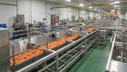 Cutting edge fruit and vegetable processing plant with automated carrots cutting and packaging line in a modern facility