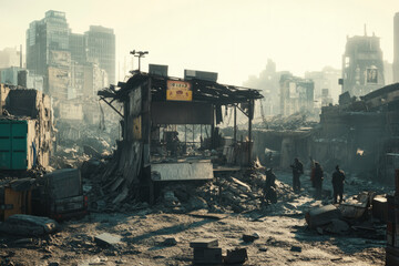 A post-apocalyptic wasteland 3D background featuring a makeshift podium built from scrap metal and debris. The ruined cityscape looms in the background, while survivors gather around for a crucial