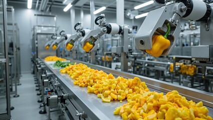 Naklejka premium Futuristic vegetable processing line featuring robotic arms cutting dicing and packaging vibrant yellow bell peppers under bright lights