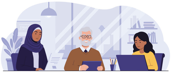 Muslim businesswoman, senior Caucasian CEO and Latin American assistant working during meeting. Workplace diversity. Colorful cartoon style