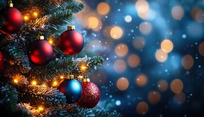 Close-up of a beautifully decorated Christmas tree with shiny red and blue ornaments warm golden lights and a colorful bokeh background