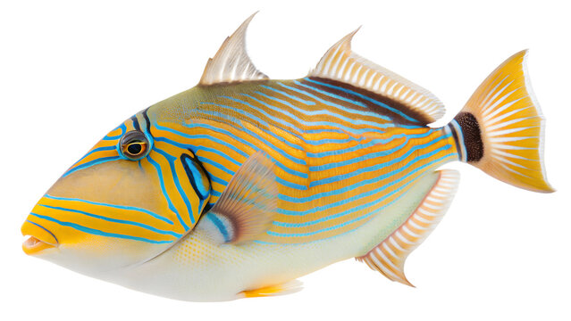 Orange-Lined Triggerfish with Blue Stripes, Isolated on Transparent Background