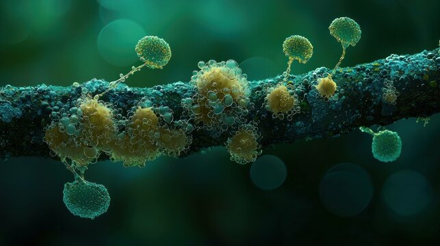 Vibrant close up of bright yellow and green slime molds on a dark, textured tree branch, highlighting the beauty of nature and its unique organisms