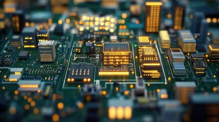 Close up of a computer circuit board with a city skyline in the background and blurred photo effect