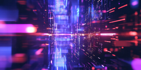 A surreal 3D abstract background featuring floating digital circuits, softly glowing with pulsing electric blue and deep violet hues. The high-tech reflections and depth create a sci-fi visual effect.