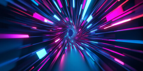 A sleek 3D abstract background showcasing a vortex of holographic lines, creating a tunnel of endless depth. The soft neon illumination and seamless reflections enhance the futuristic composition.