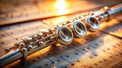Obraz premium Tilt-Shift Flute Photography: Close-up Silver Flute on Sheet Music