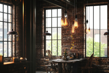 A rustic loft-style 3D background room with exposed brick walls, industrial metal accents, and large factory-style windows. Hanging Edison bulbs provide warm, atmospheric lighting.
