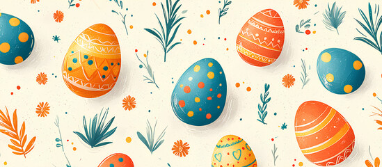 A seamless watercolor pattern featuring colorful Easter eggs decorated with intricate designs, surrounded by delicate leaves and flowers on a light background, evoking a festive and cheerful springtim