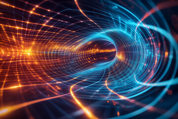 A surreal 3D abstract background showcasing an endless fractal vortex of radiant neon waves, smoothly shifting in color. The intricate cybernetic motion and luminous reflections create a visually