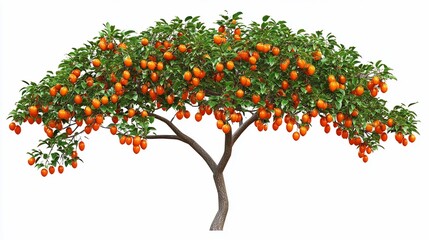 Fototapeta premium Lush orange tree laden with fruit, isolated on white background, ideal for food packaging