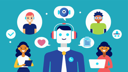 Fototapeta premium These illustrations can effectively depict the integration of AI technology in customer service settings showcasing professionals in various roles and tasks.