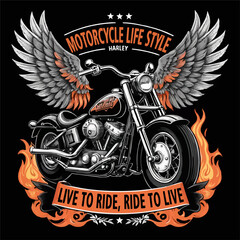 Vector t-shirt design with biker motorcycle, wings on black background. Fashionable print for fabric, men clothing, hoodie, biker jacket. T shirt template with lettering Live to ride, ride to live.