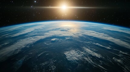Obraz premium A breathtaking view of Earth from space at sunrise, showcasing clouds and the horizon