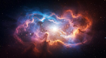 Abstract cosmic nebula with swirling gas clouds and glowing stars