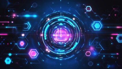 Obraz premium Futuristic digital interface with glowing concentric circles, hexagons, and circuit patterns.