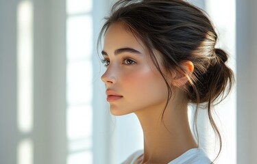 Slim Elegant Female Model in Minimalistic White Outfit Showcasing Fitness Aesthetic and Beauty