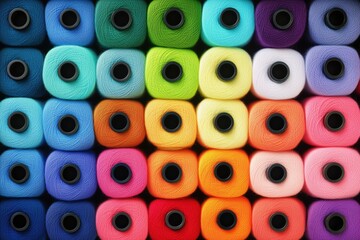 A vibrant display of various colored yarn spools neatly arranged in rows.