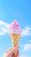 Hand holding swirl ice cream cone against blue sky with clouds on a sunny day