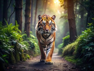 Fototapeta premium Urban Exploration Photography: Tiger in Forest Path - Wildlife Adventure, Nature Scene, Jungle, Wild Cat