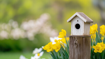 Wooden birdhouse with yellow daffodils against a green spring background