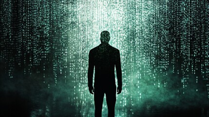 Obraz premium Digital Immersion Silhouette of a Figure in Binary Code Data Stream