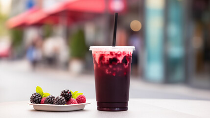 Blackberry smoothie in a togo cup, Natural outdoor light, Blurred city street background, Modern urban vibe, Refreshing and vibrant, copy space 