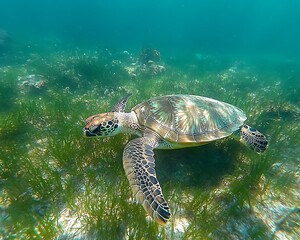 Obraz premium Sea turtle grazing seagrass, ocean