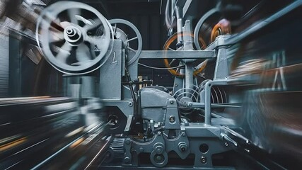 Fast-moving, complex machinery with gears, wheels, and belts in motion, industrial setting