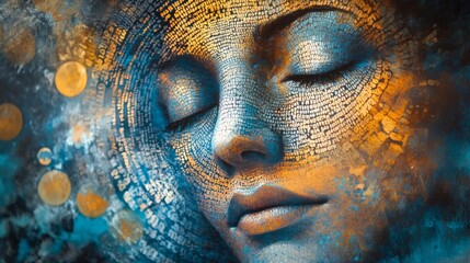 A serene portrait of a woman with closed eyes, surrounded by abstract textures and soft colors