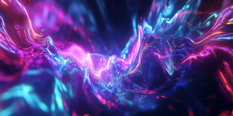 Obraz premium A mesmerizing abstract background showcasing glitch-inspired digital distortions with shifting neon holographic patterns. The seamless transitions and fluid reflections create an electrifying